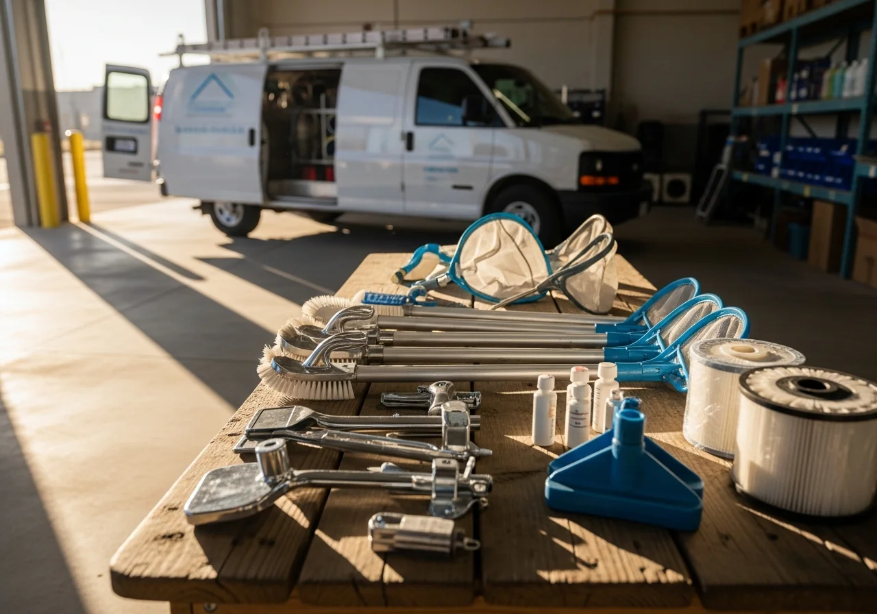 Professional pool maintenance crew with equipment and tools ready for service at a residential or commercial pool facility.