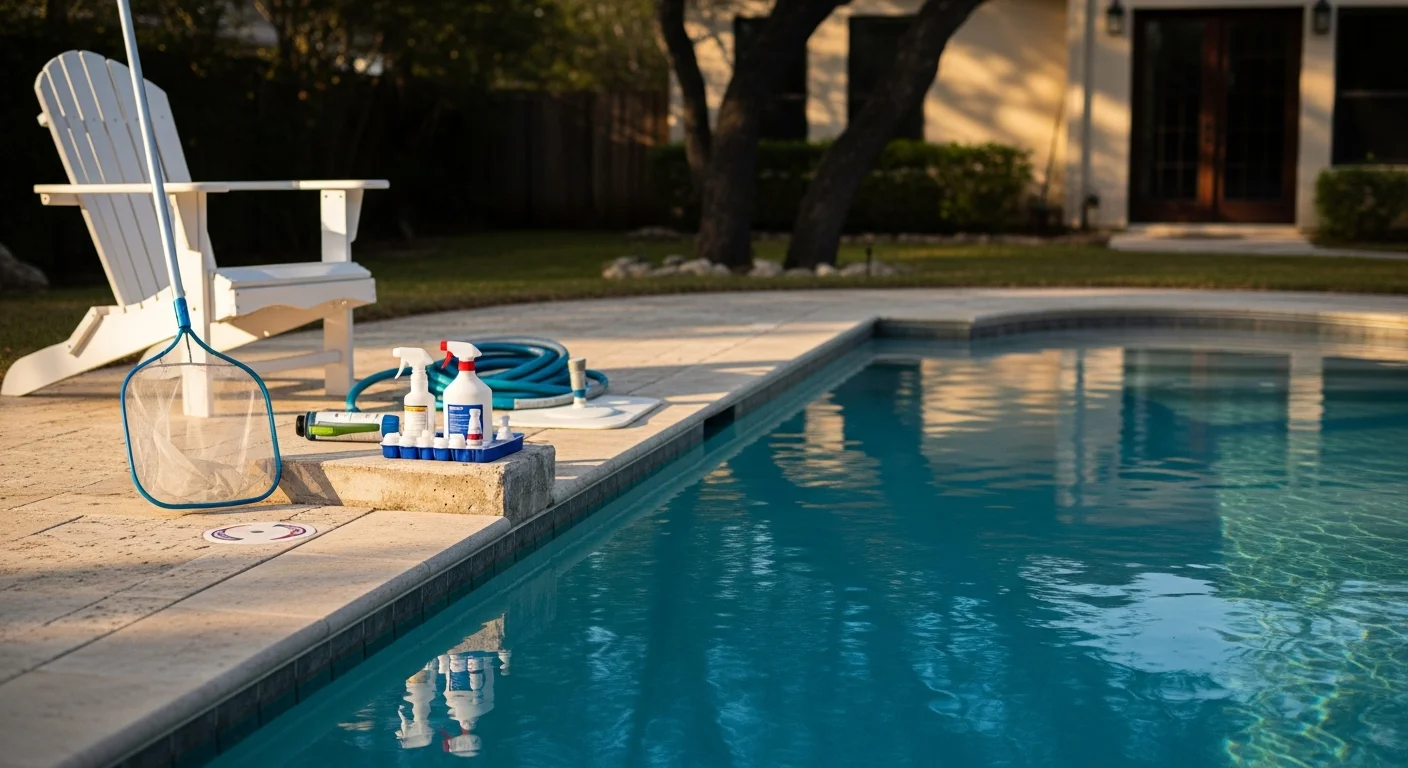 Professional pool cleaner maintaining a residential swimming pool in San Antonio