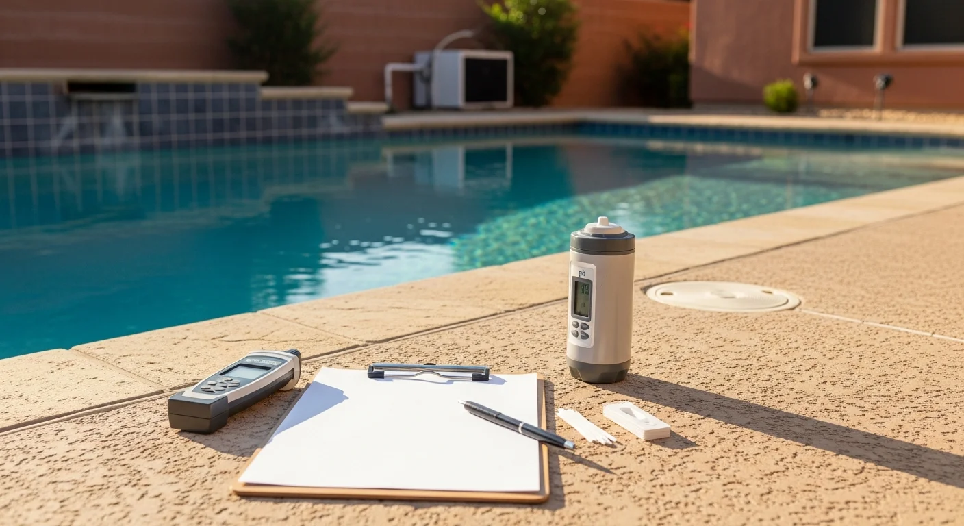 Pool inspector examining pool structure and equipment during professional inspection