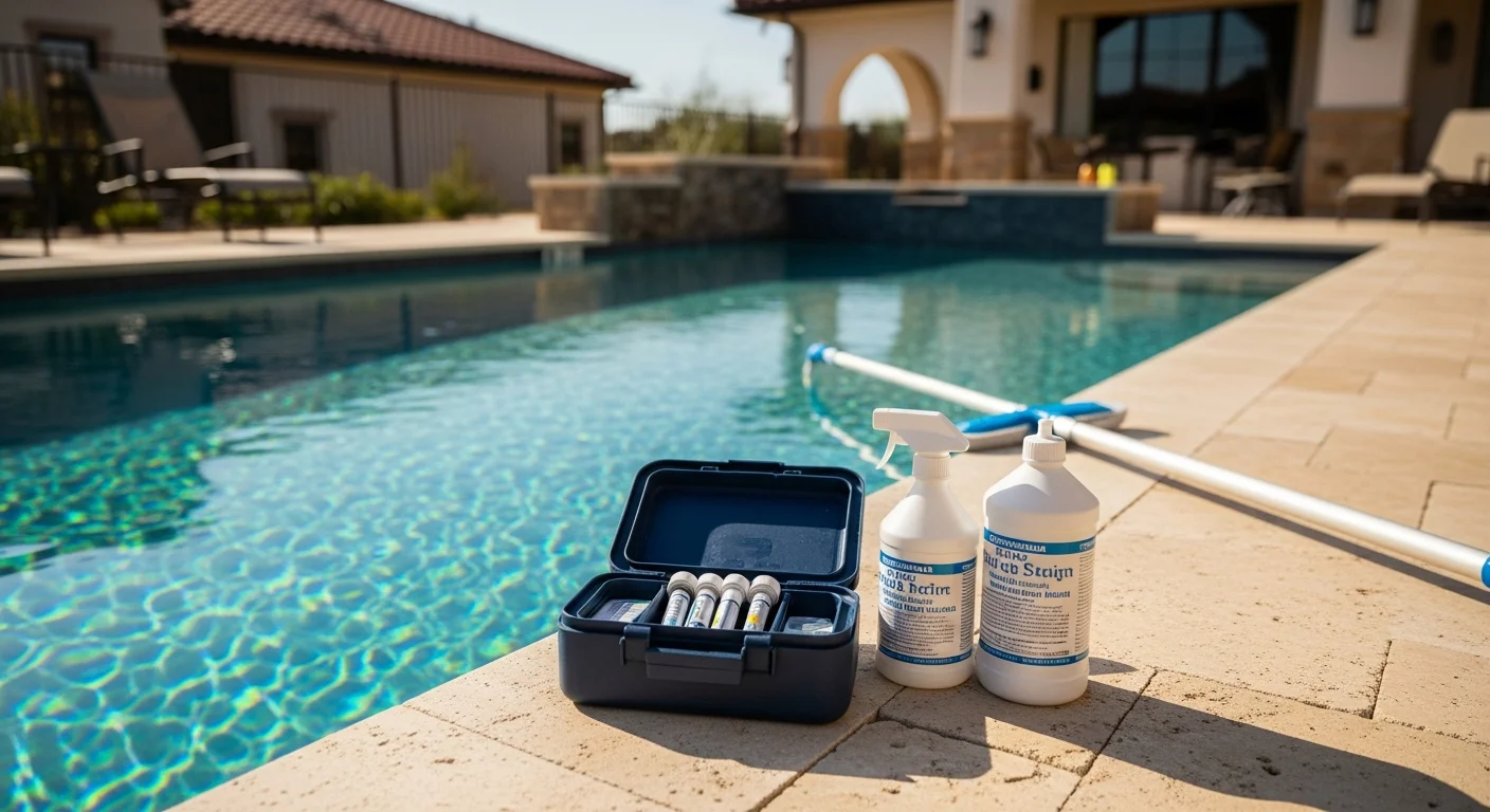 Pool manager inspecting commercial swimming pool equipment and water quality