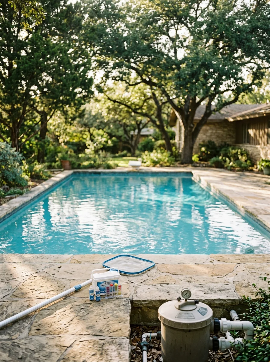 Mid-century ranch home with spacious backyard and pool surrounded by mature trees in Bluffview neighborhood