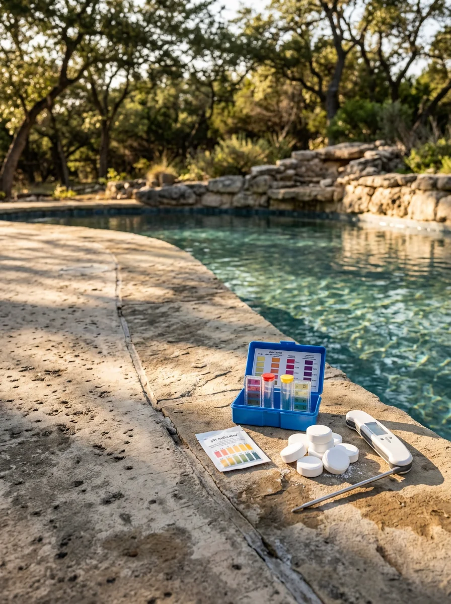 Pool equipment and chemical testing setup for Bulverde pool maintenance