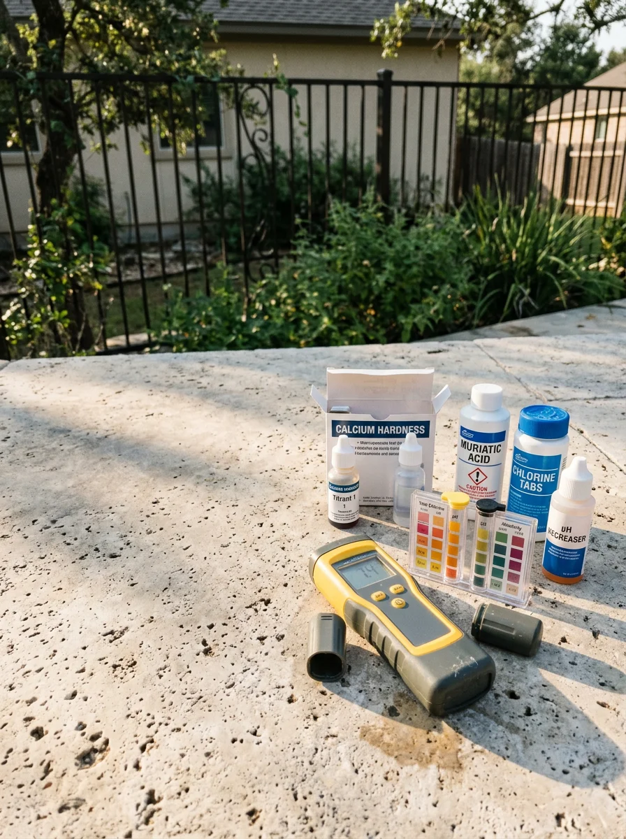 Close-up of pool water chemistry testing and chemical balancing equipment used for hard water treatment
