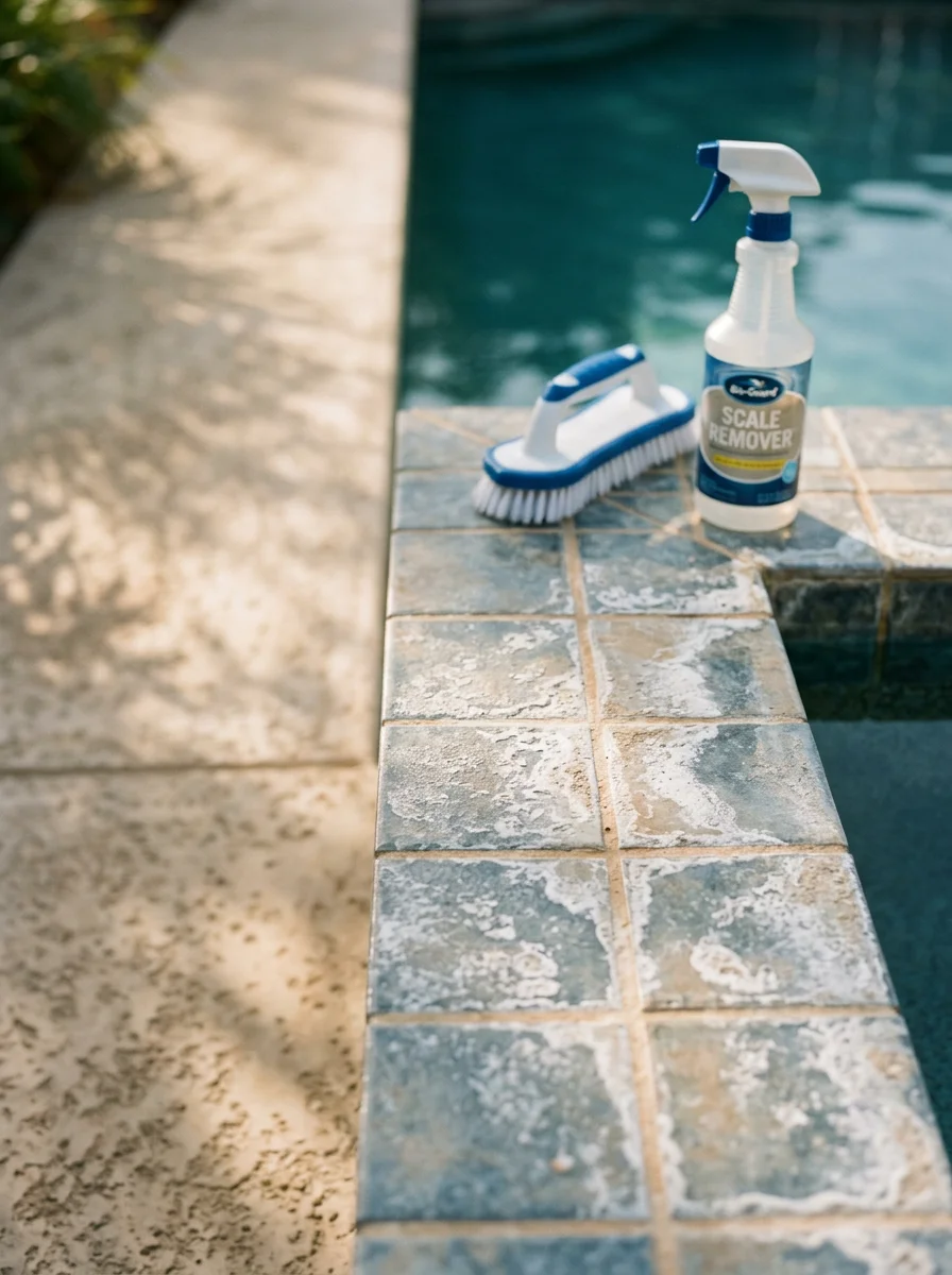 Close-up of pool tile showing calcium deposits common in Castle Hills hard water