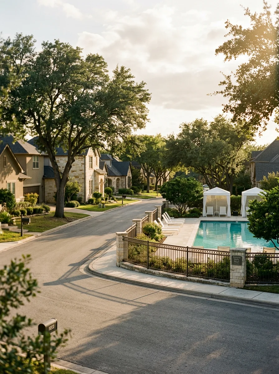 Encino Park community pool with cabanas and tennis courts, surrounded by established neighborhood homes