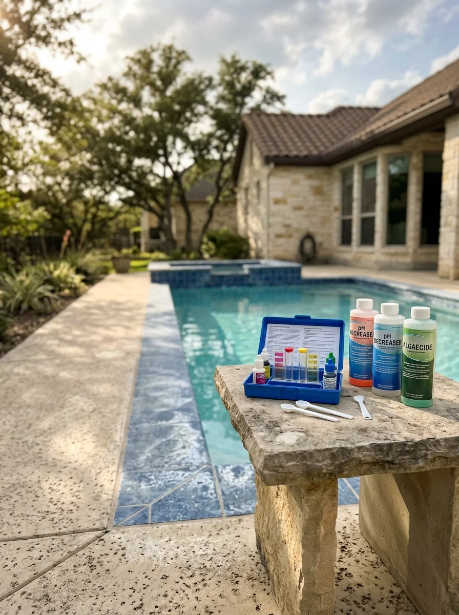 Pool equipment maintenance and chemical testing for hard water treatment in San Antonio