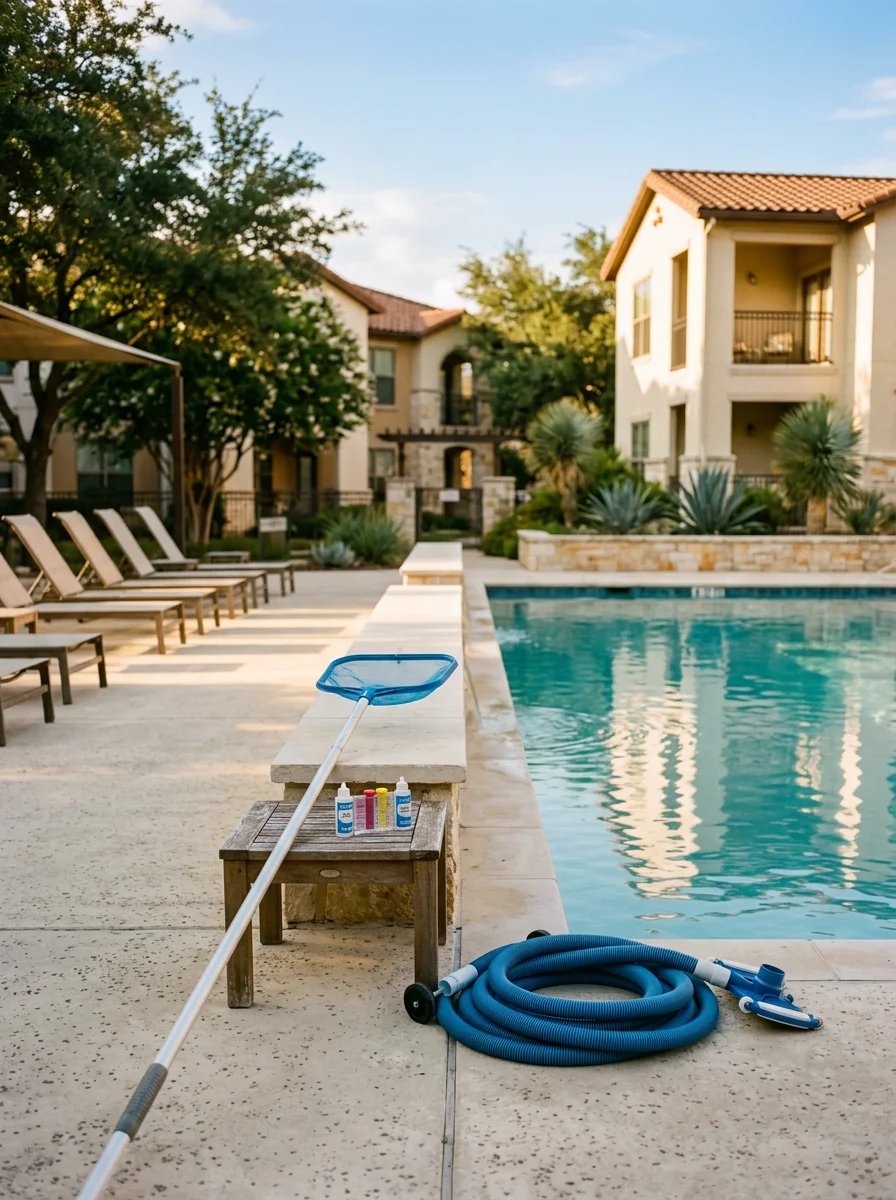 Apartment complex pool area in La Cantera during sunny afternoon, showing maintenance equipment and deck