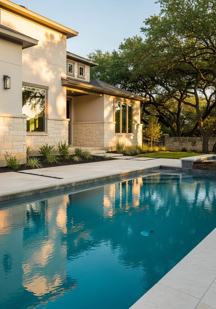 Street-level photo of a North San Antonio home with contemporary design and manicured landscaping.