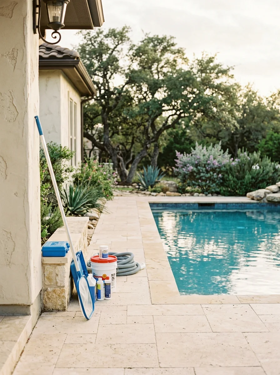 HOA community pool with multiple swimmers in Northwest San Antonio, showing clear water and surrounding landscaping