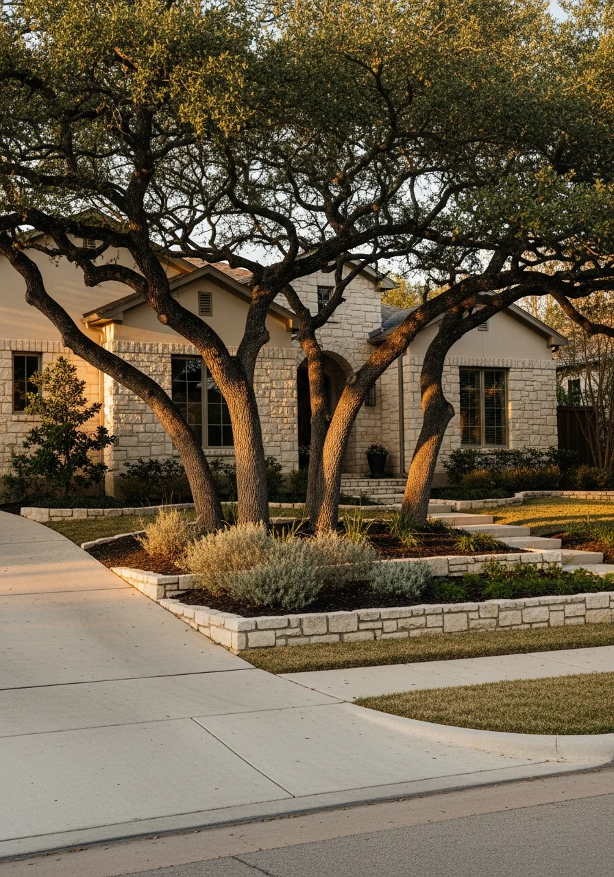 Close-up of a well-maintained San Antonio home exterior with mature landscaping and clear driveway access.