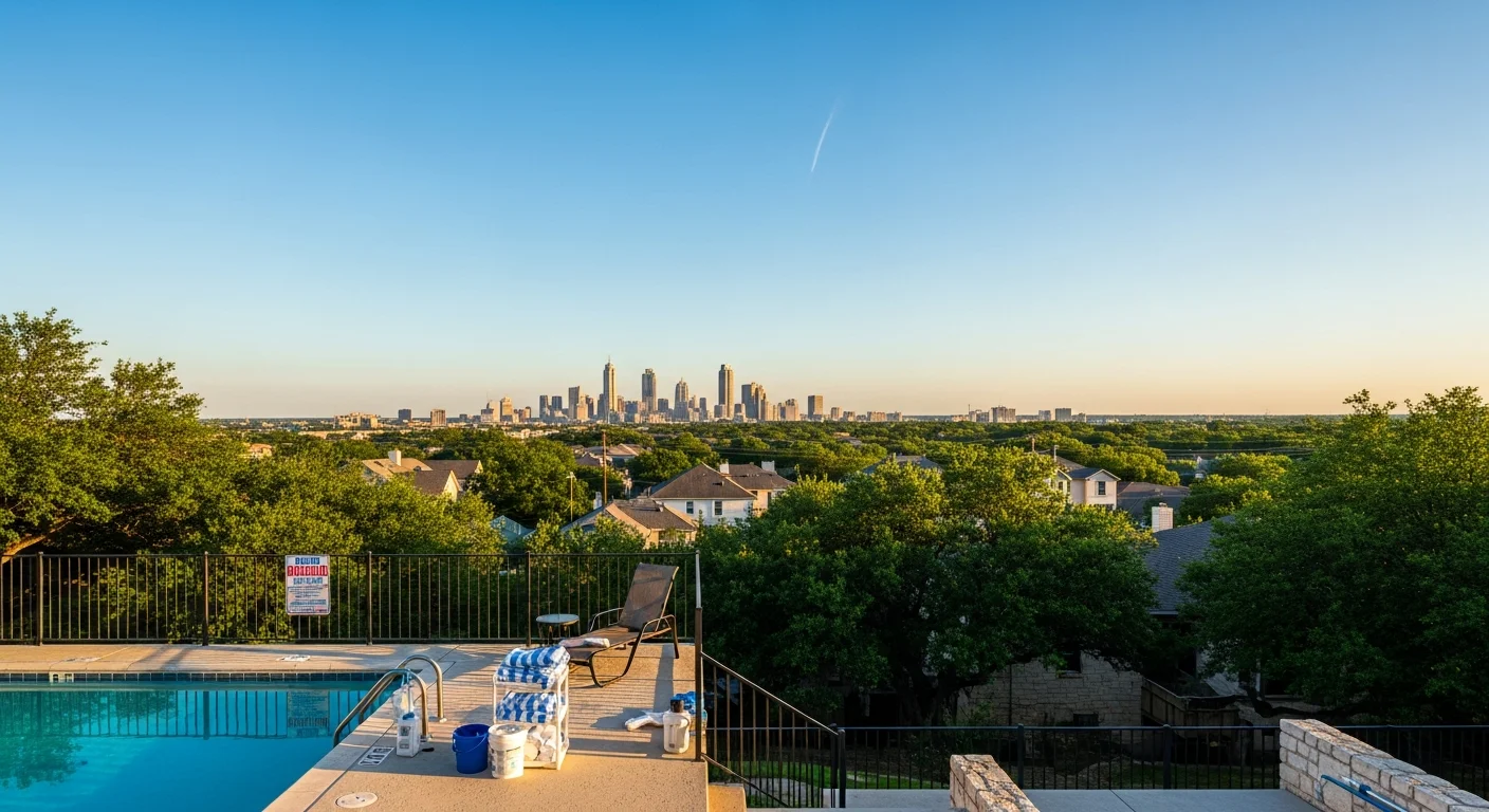 Wide view of San Antonio skyline with mixed residential and commercial buildings under clear sky.