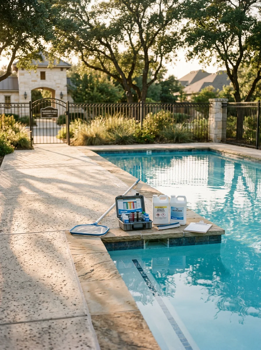 HOA community pool facility in gated Shavano Park neighborhood with compliance signage and professional maintenance equipment