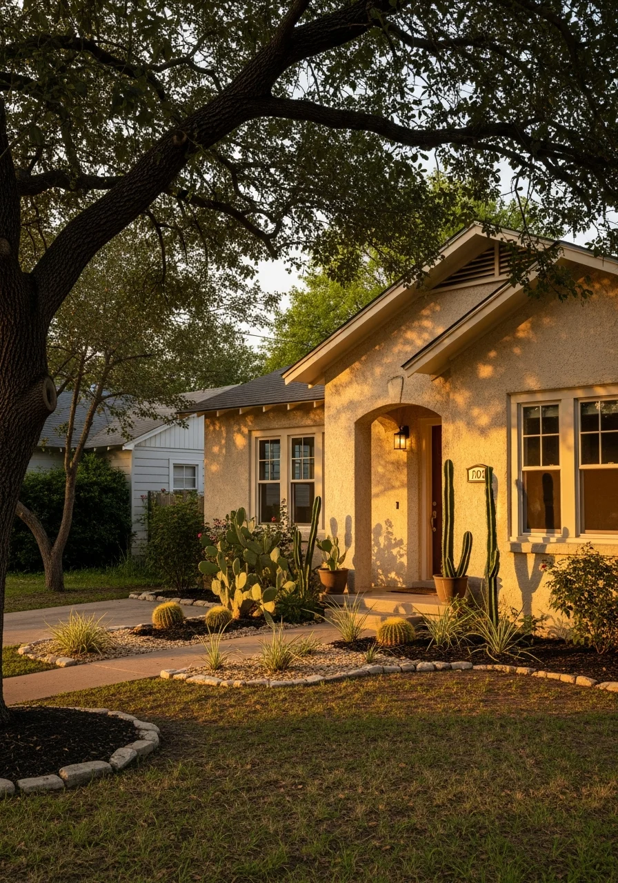 Street-level photo of a South San Antonio home with welcoming entrance and established neighborhood setting.