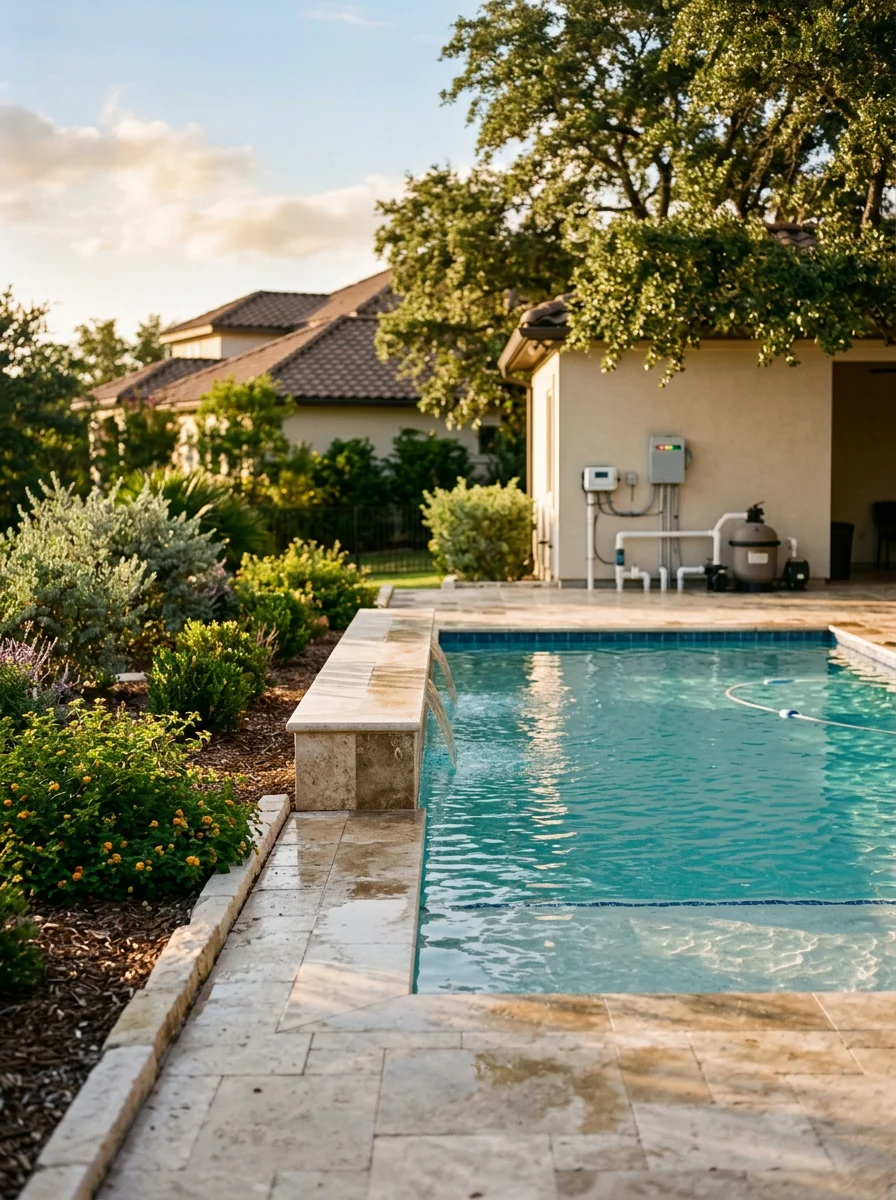 Stone Oak neighborhood pool with modern salt system equipment and surrounding HOA-maintained grounds