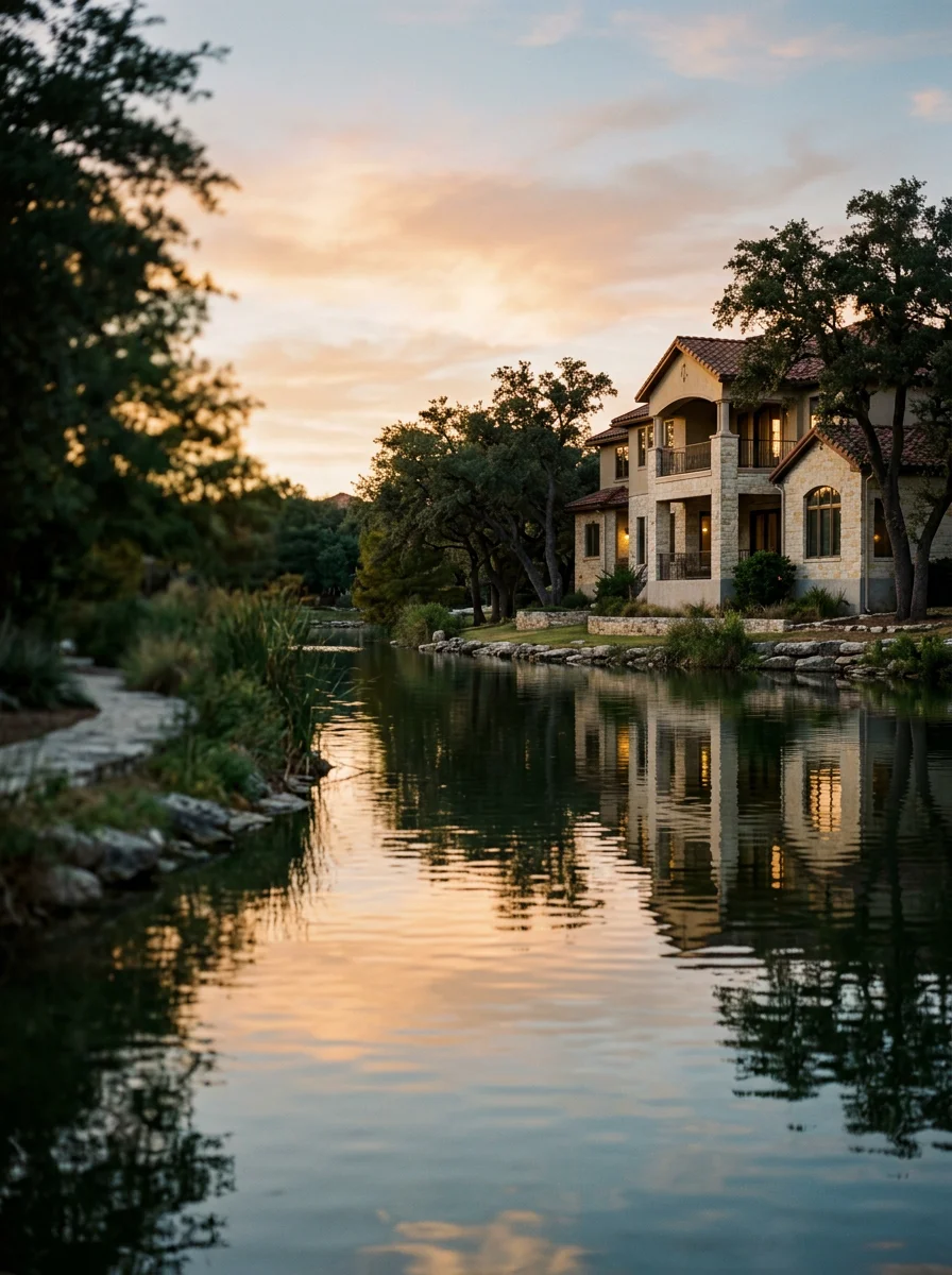 Man-made lake in The Dominion master-planned community surrounded by estate homes and green belts
