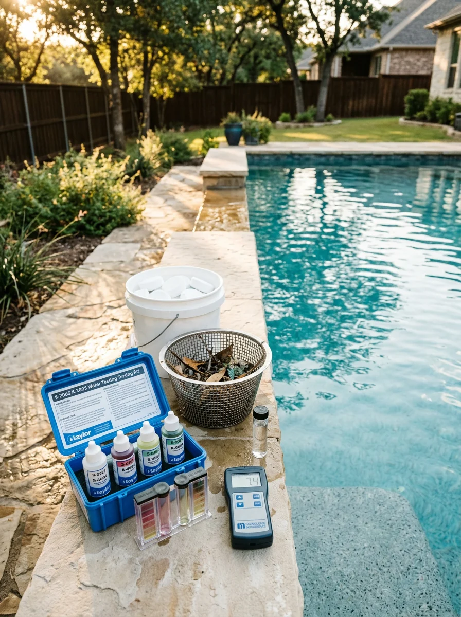 Pool maintenance technician checking chemical levels and equipment in a Timberwood Park backyard pool during summer