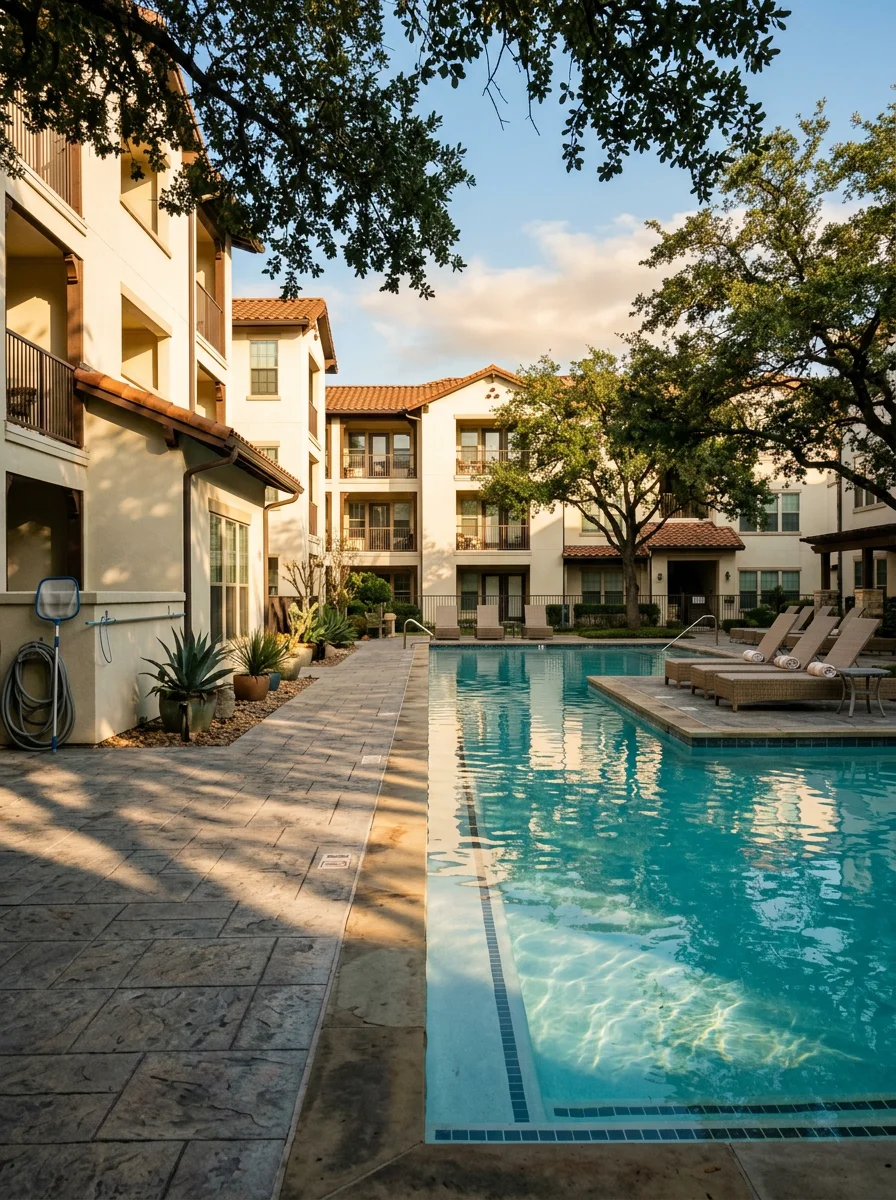 Apartment complex pool area in Vance Jackson with multiple units visible and clear water