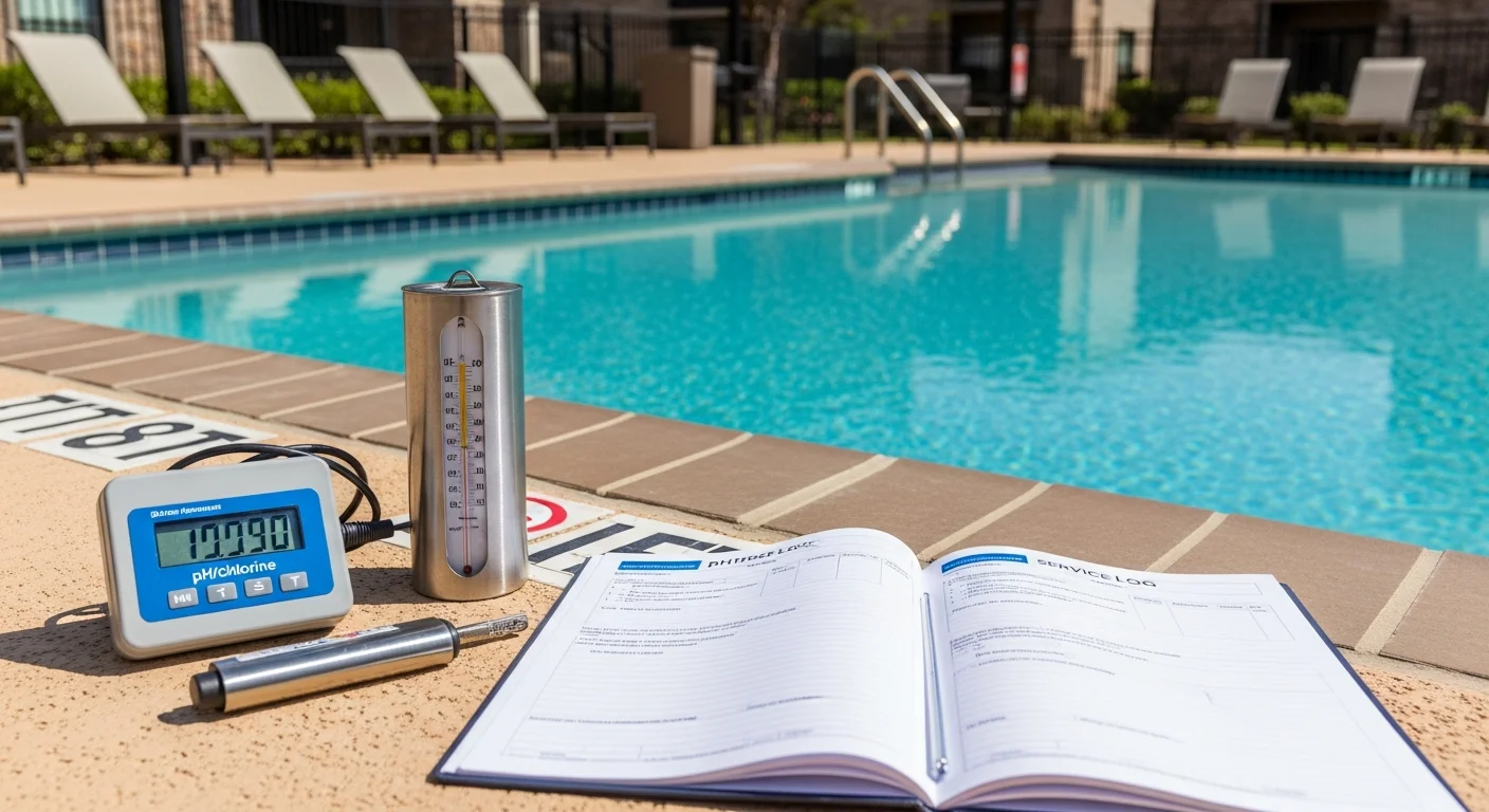 A clean, well-maintained apartment complex swimming pool in northwest San Antonio with clear blue water and a pool deck in a residential community setting. A pool service technician checks chemical levels poolside at a multi-family property in the 78231 area.