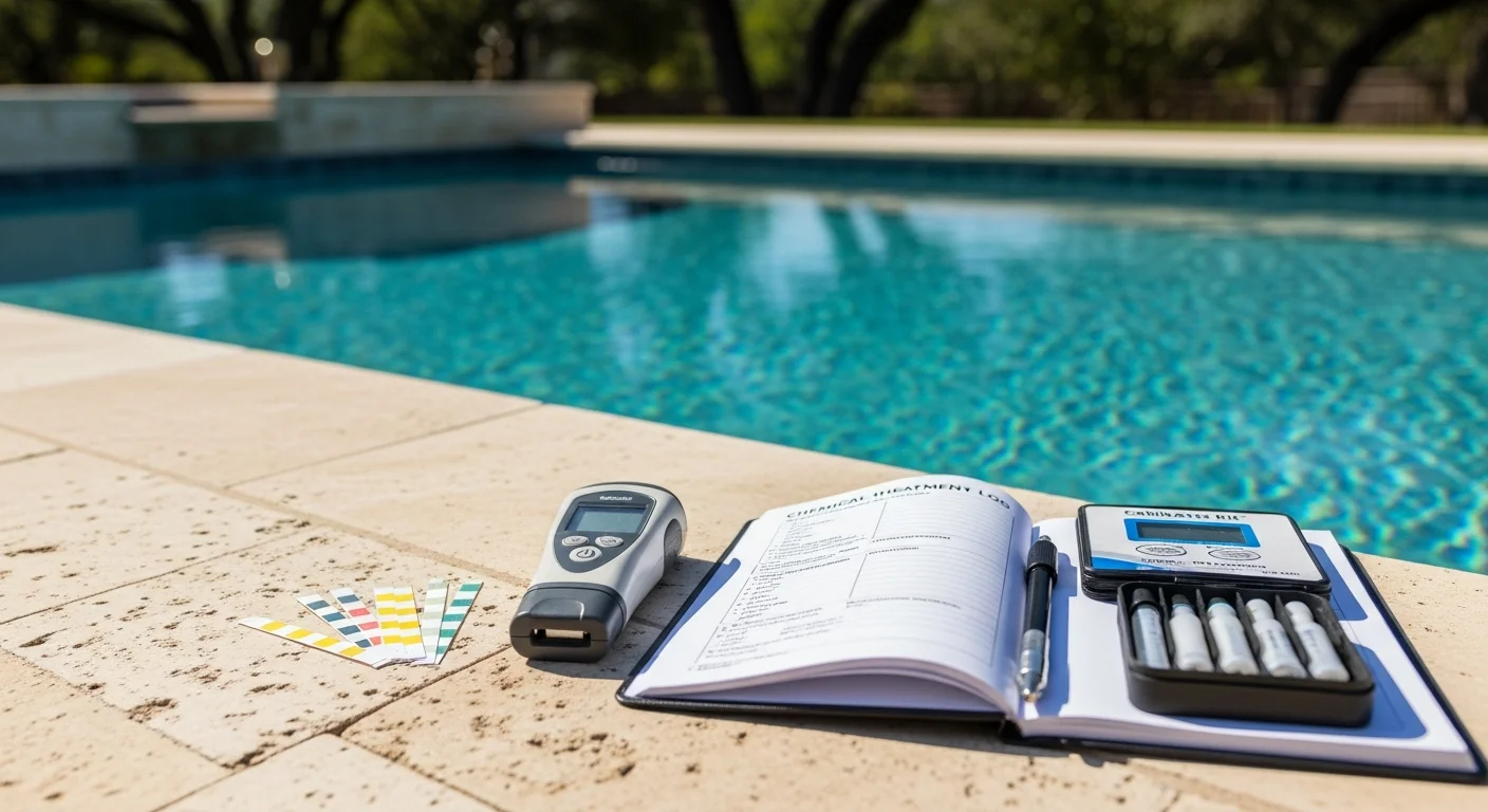 A clear, blue residential pool in a San Antonio backyard with a technician testing water chemistry using a professional test kit. The pool surface is clean and free of algae, showing the result of regular chemical balancing service in the 78231 area.