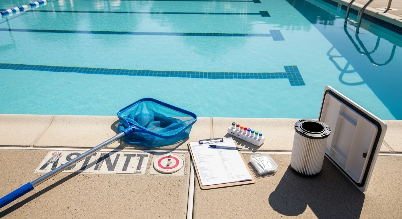 A technician testing water chemistry at a clear commercial swimming pool at an apartment complex in San Antonio's 78231 area. A service log clipboard rests on the pool deck beside chemical testing equipment.