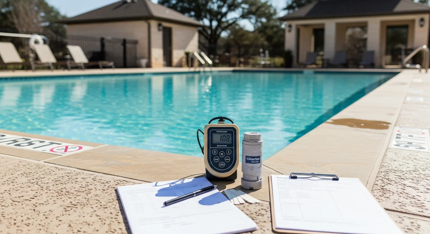 A clean, well-maintained commercial swimming pool at a residential community property in San Antonio's 78231 area, with clear blue water, visible safety signage on the deck, and pool equipment housed in a nearby utility enclosure.