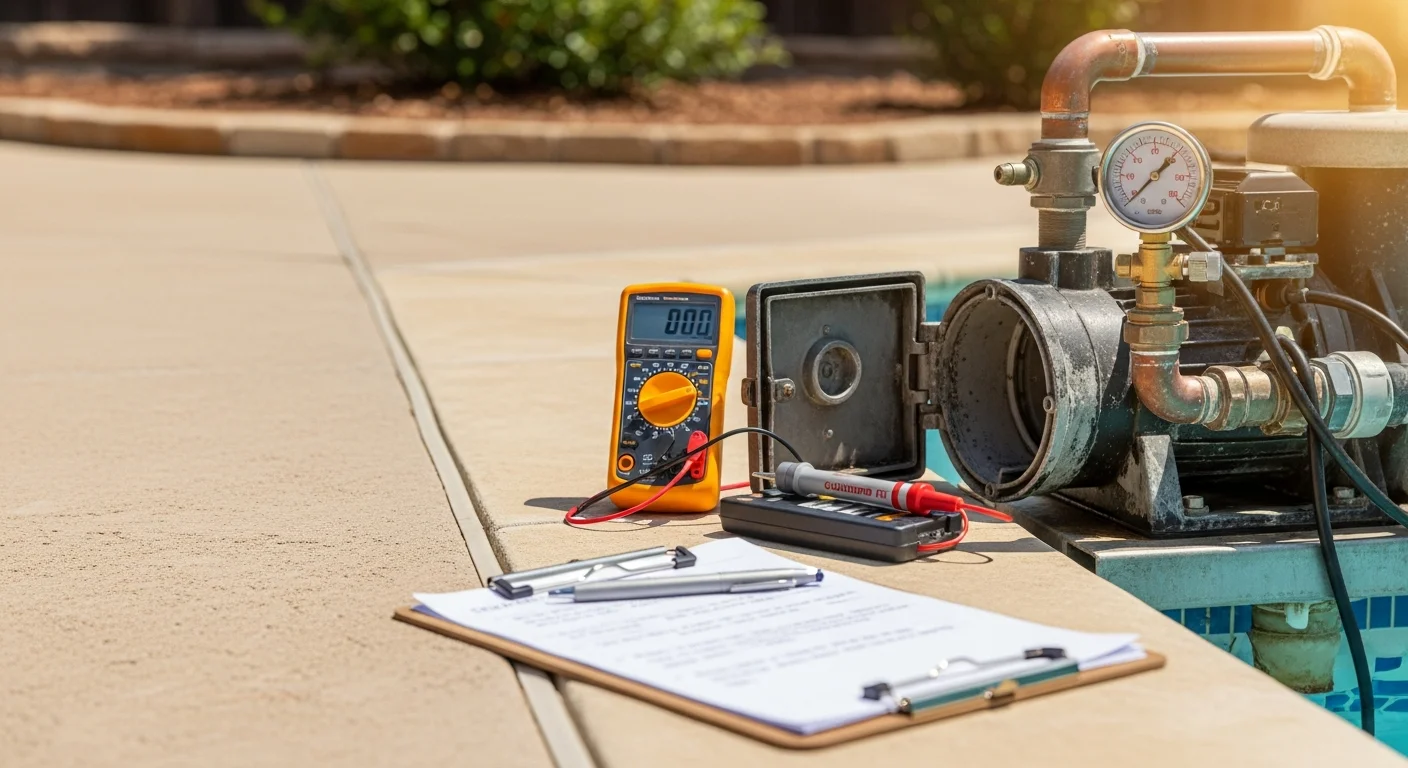 A pool equipment pad in a San Antonio backyard showing a pump, filter, and heater being inspected by a Northside Pool Management technician. The equipment is located beside a residential pool in the 78231 area of north central San Antonio.