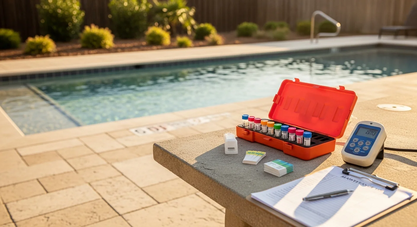 A clean, well-maintained HOA community pool in a North Central San Antonio residential neighborhood with clear blue water and a tidy pool deck. A pool technician checks chemical levels at the pool's edge during a scheduled service visit.