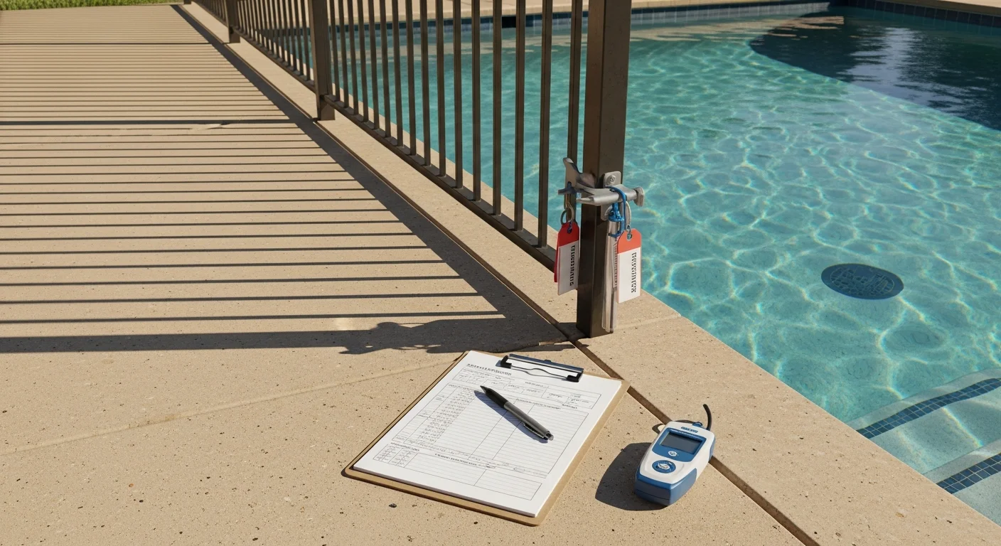 A pool technician reviewing a compliance checklist beside a residential pool in San Antonio, with a self-latching gate and required safety signage visible in the background. The 78231 neighborhood setting shows a typical single-family backyard pool with a code-compliant barrier fence.