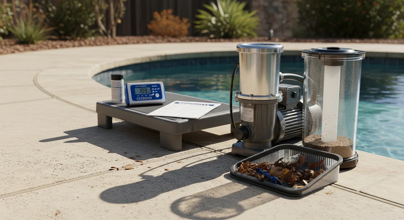 A pool technician inspecting a residential pool pump and filter system in a backyard in San Antonio's 78231 area. Equipment housing is open with visible plumbing connections being checked for scale buildup and wear.