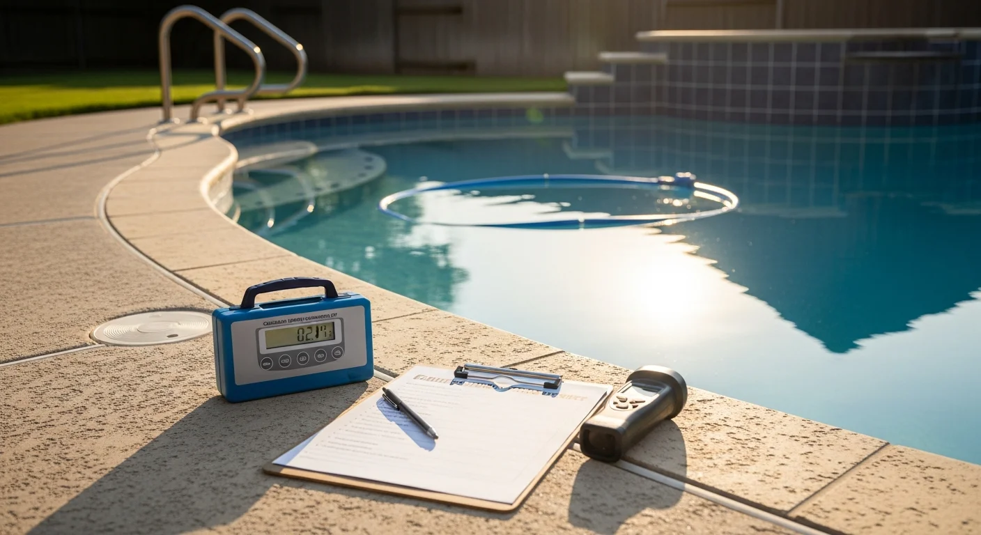 A pool inspector examining the pump and filtration equipment beside a residential in-ground pool in a north San Antonio backyard. The inspector reviews visible plumbing connections and motor housing during a pool inspection in the 78231 area.