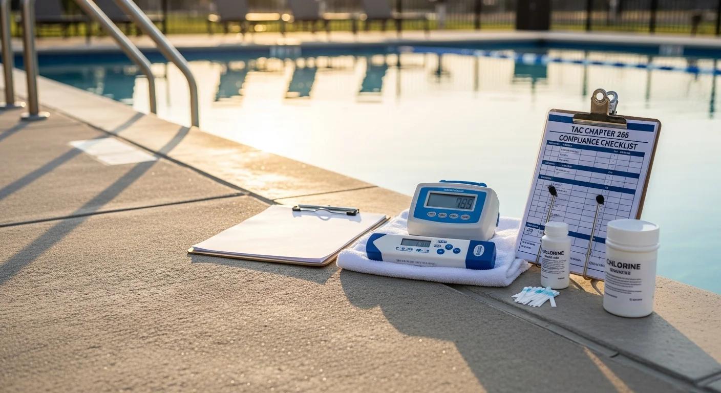 A pool staff training session in progress at a community pool in San Antonio's 78231 area, with an instructor demonstrating water testing procedures to a small group of lifeguards and pool operators on the pool deck.