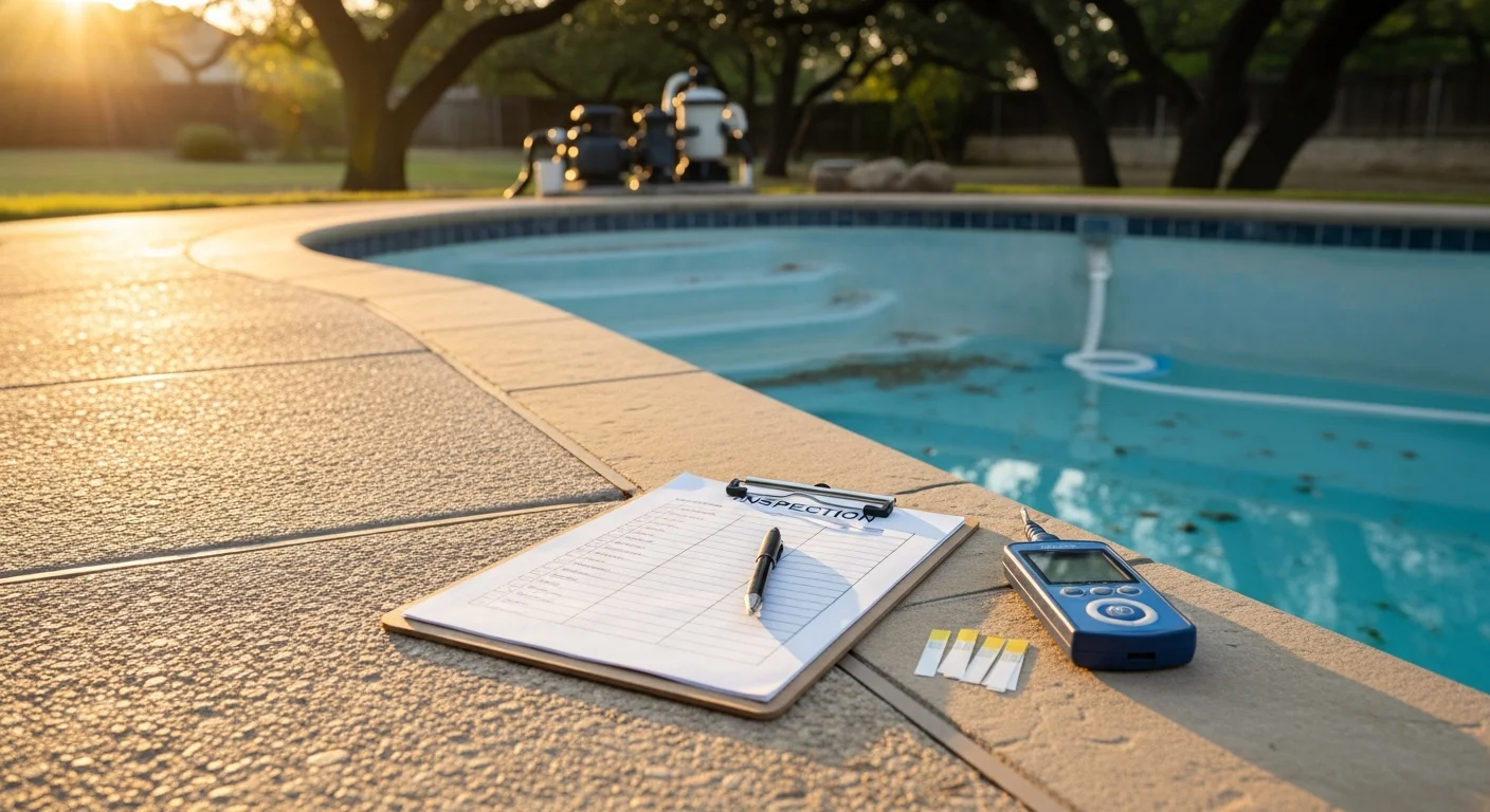 A pool inspector examining the equipment pad and pump system of an in-ground residential pool in a San Antonio 78231 backyard. The inspector reviews mechanical components and notes findings on a written report clipboard.