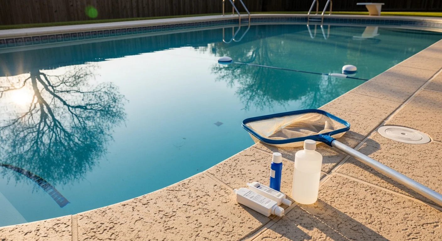 A clear, blue residential pool in a San Antonio backyard in the 78231 area with clean tile lines and calm water after a professional pool cleaning service. A pool technician's equipment is visible poolside, showing an active maintenance visit in progress.