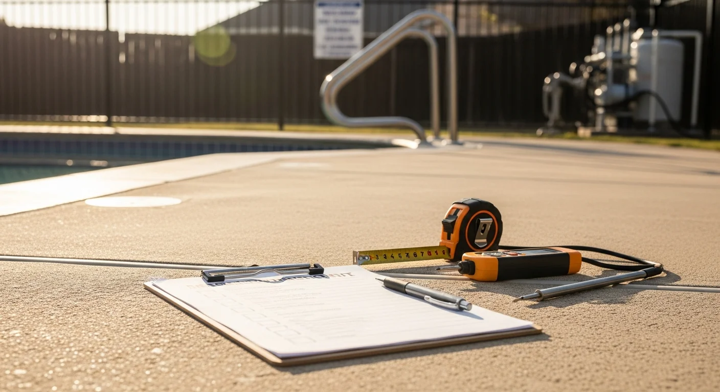 A pool inspector reviewing the self-latching gate and fence barrier of a residential swimming pool in San Antonio, Texas. The inspector holds a clipboard and checks the gate hardware against a compliance checklist near the pool deck.