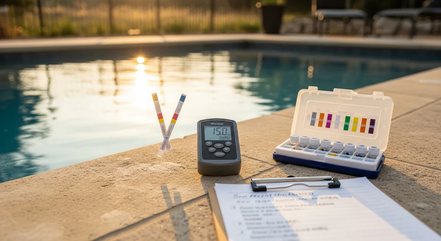 A pool service technician testing water chemistry in a residential backyard pool in San Antonio's 78231 area. Test vials and a digital meter sit on the pool deck beside the clear blue water.
