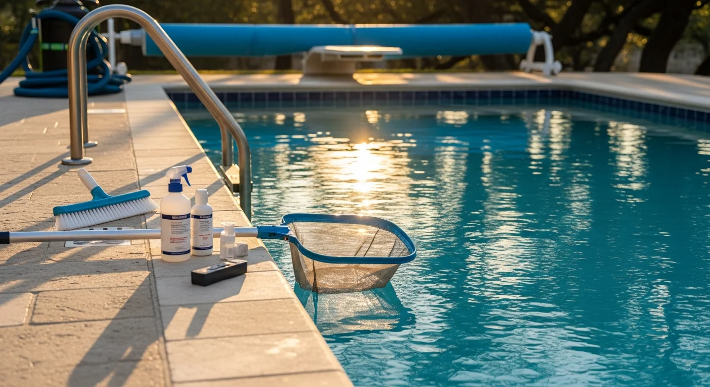 A Northside Pool Management technician testing water chemistry at a clear residential pool in San Antonio's 78231 area. The pool surface is clean and free of debris with pool equipment visible in the background.